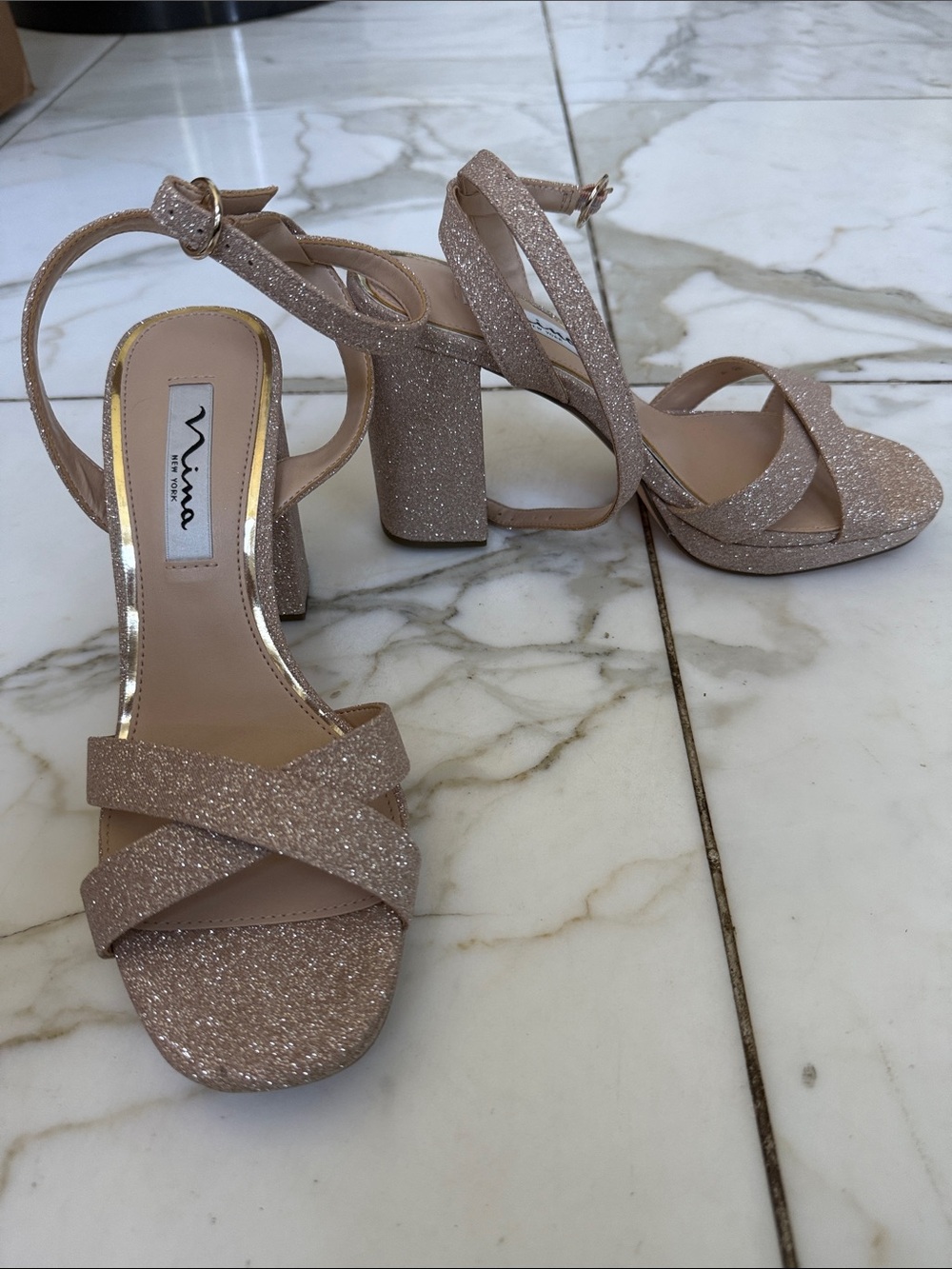 Nina Glitter Block Heel Sandals in Blush